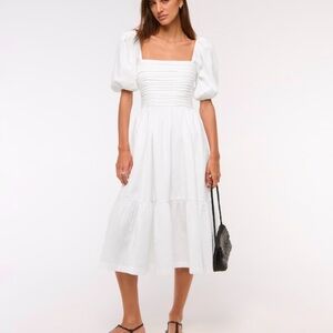 Abercrombie & Fitch White Midi Dress with Puff Sleeves